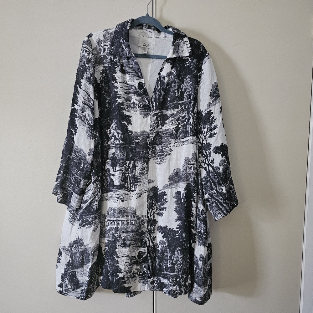 COS Monochrome Linen Toile Patterned Mini Shirt Dress. Size US14